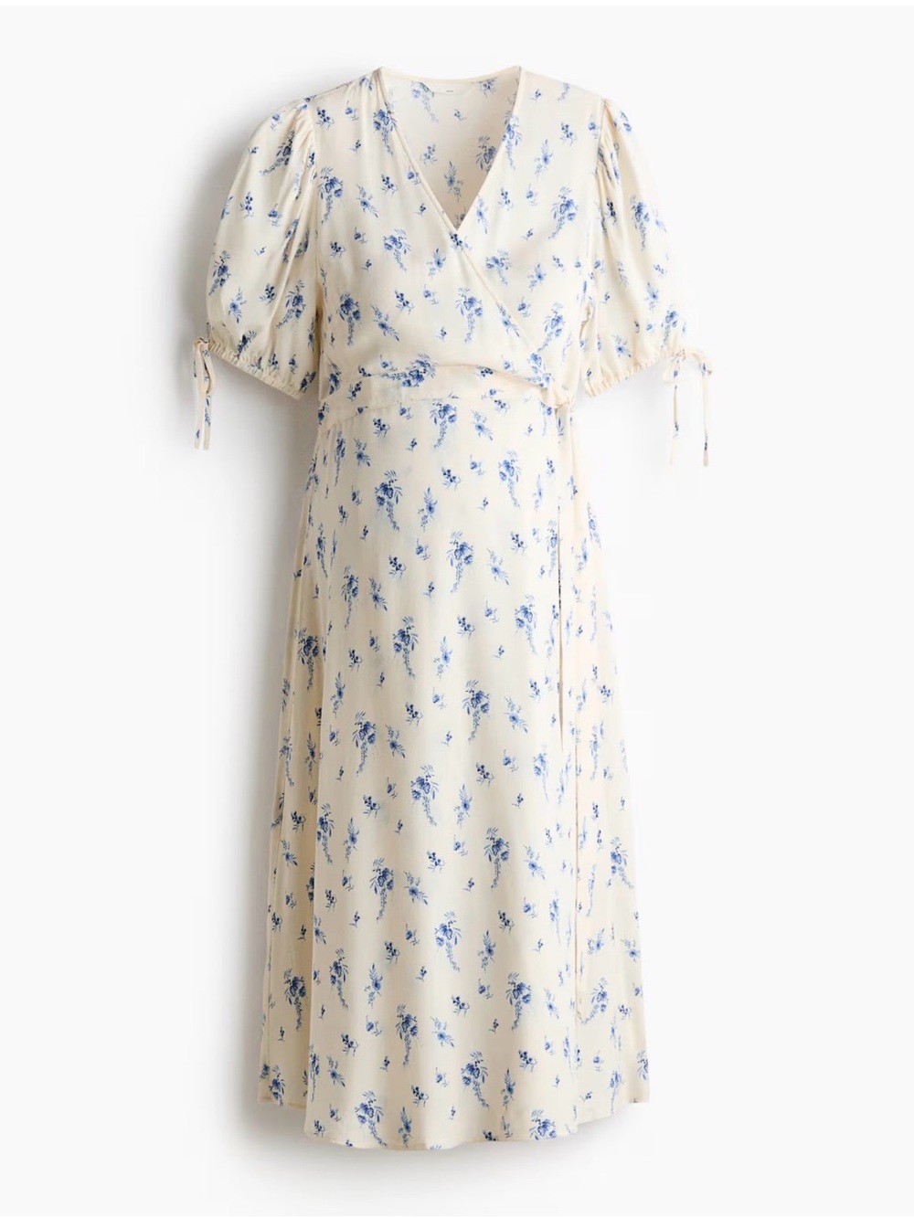 H&M Cream Wrap Midi Dress with Blue Floral Print